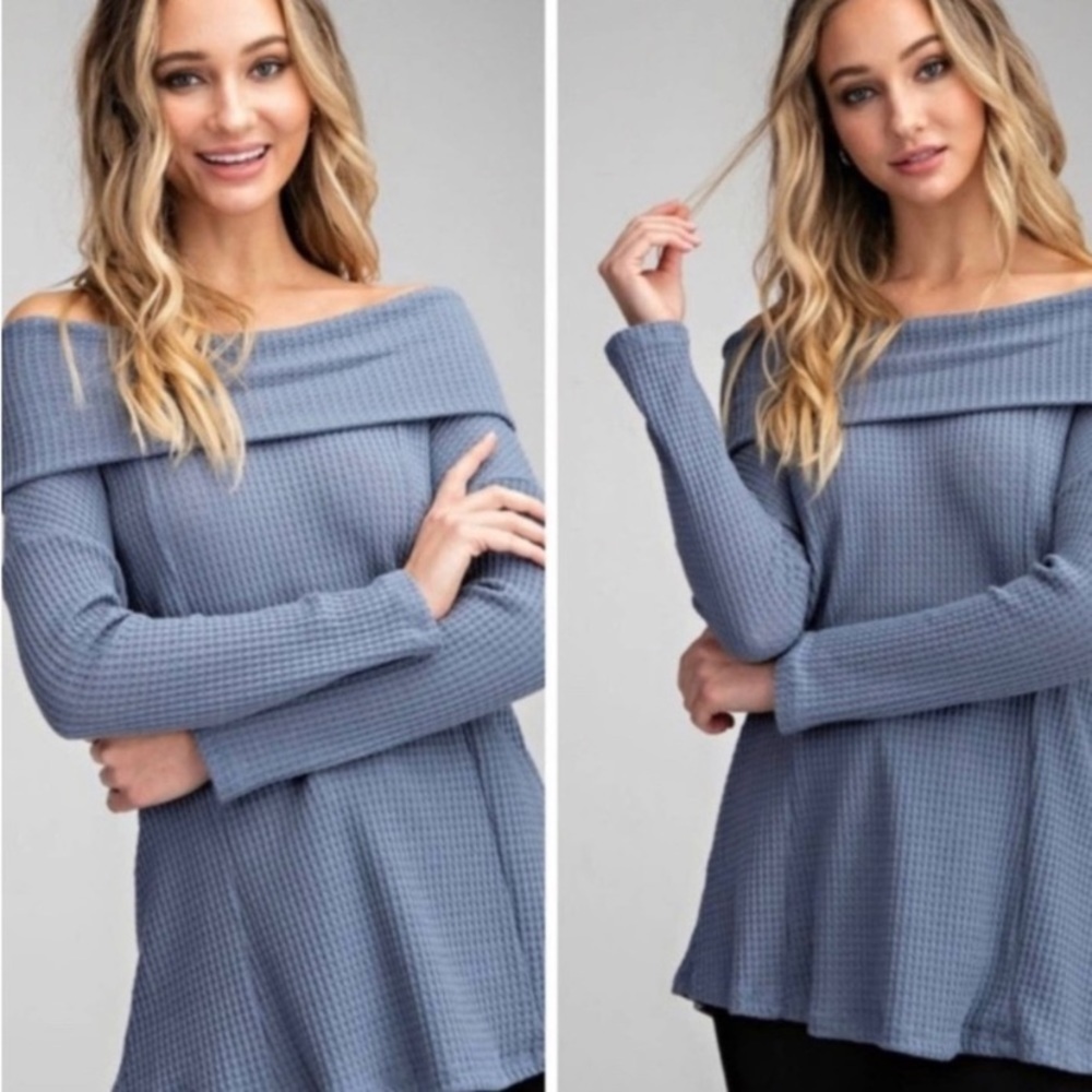 Waffle Knit Off Shoulder Top Blue Denim Sweater